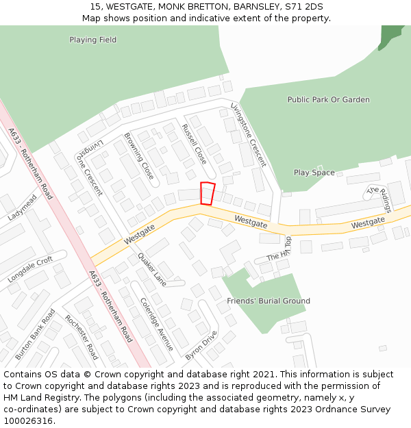 15, WESTGATE, MONK BRETTON, BARNSLEY, S71 2DS: Location map and indicative extent of plot
