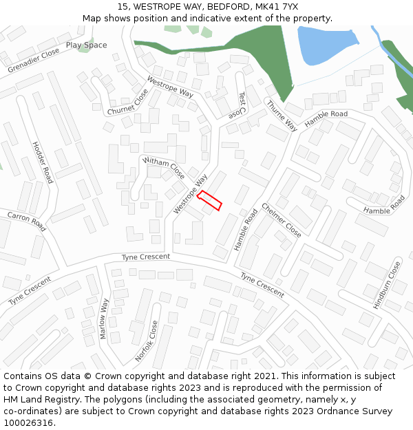 15, WESTROPE WAY, BEDFORD, MK41 7YX: Location map and indicative extent of plot