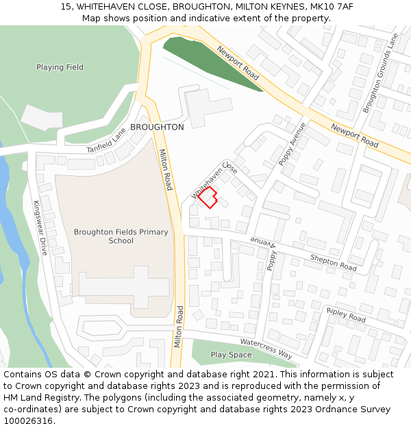 15, WHITEHAVEN CLOSE, BROUGHTON, MILTON KEYNES, MK10 7AF: Location map and indicative extent of plot