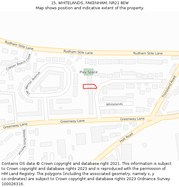 15, WHITELANDS, FAKENHAM, NR21 8EW: Location map and indicative extent of plot