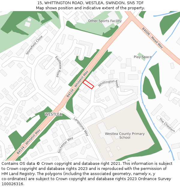 15, WHITTINGTON ROAD, WESTLEA, SWINDON, SN5 7DF: Location map and indicative extent of plot