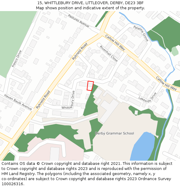 15, WHITTLEBURY DRIVE, LITTLEOVER, DERBY, DE23 3BF: Location map and indicative extent of plot