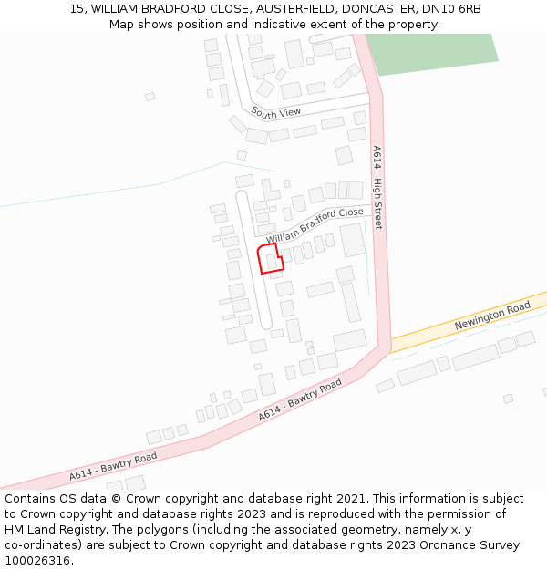 15, WILLIAM BRADFORD CLOSE, AUSTERFIELD, DONCASTER, DN10 6RB: Location map and indicative extent of plot
