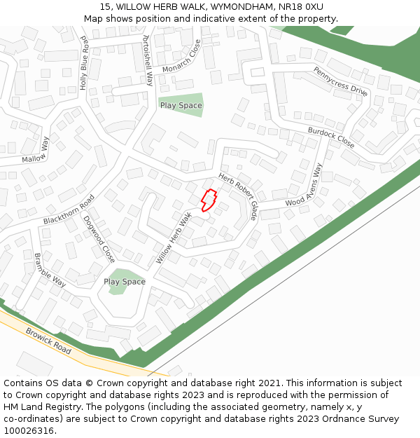 15, WILLOW HERB WALK, WYMONDHAM, NR18 0XU: Location map and indicative extent of plot