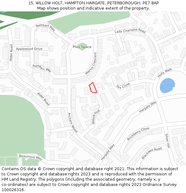 15, WILLOW HOLT, HAMPTON HARGATE, PETERBOROUGH, PE7 8AP: Location map and indicative extent of plot