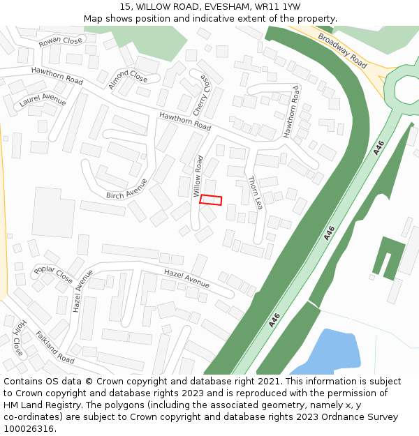 15, WILLOW ROAD, EVESHAM, WR11 1YW: Location map and indicative extent of plot