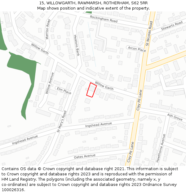 15, WILLOWGARTH, RAWMARSH, ROTHERHAM, S62 5RR: Location map and indicative extent of plot