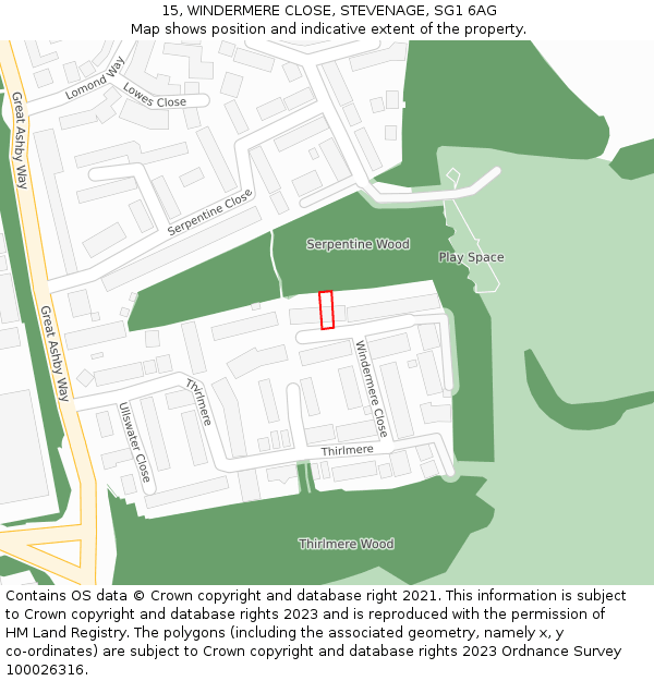 15, WINDERMERE CLOSE, STEVENAGE, SG1 6AG: Location map and indicative extent of plot