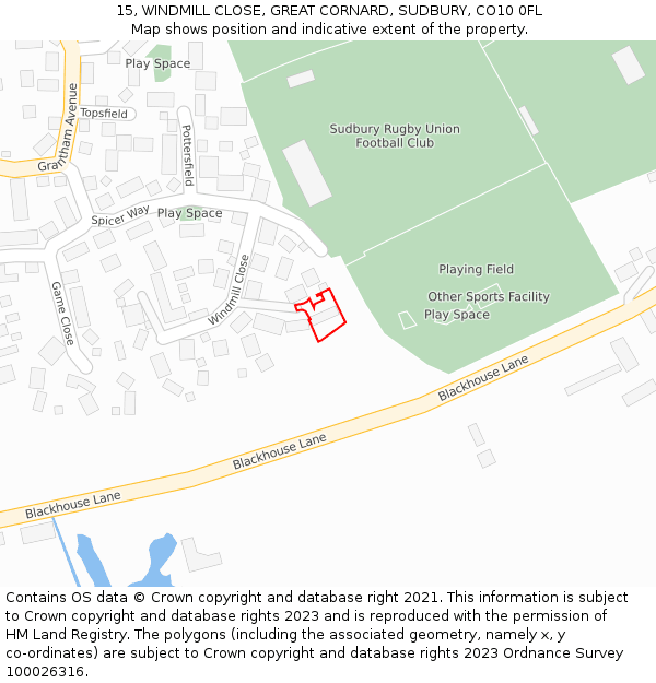 15, WINDMILL CLOSE, GREAT CORNARD, SUDBURY, CO10 0FL: Location map and indicative extent of plot