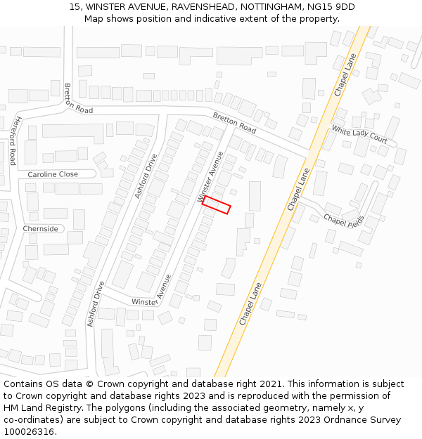 15, WINSTER AVENUE, RAVENSHEAD, NOTTINGHAM, NG15 9DD: Location map and indicative extent of plot