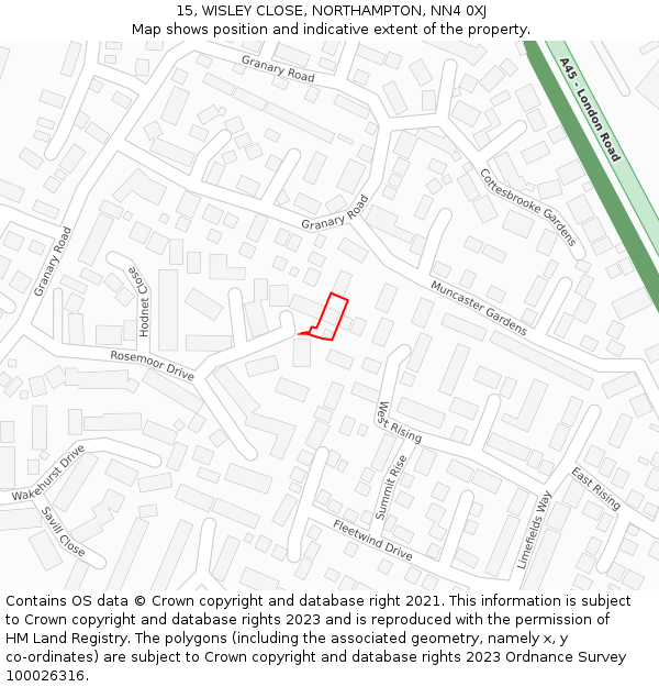 15, WISLEY CLOSE, NORTHAMPTON, NN4 0XJ: Location map and indicative extent of plot