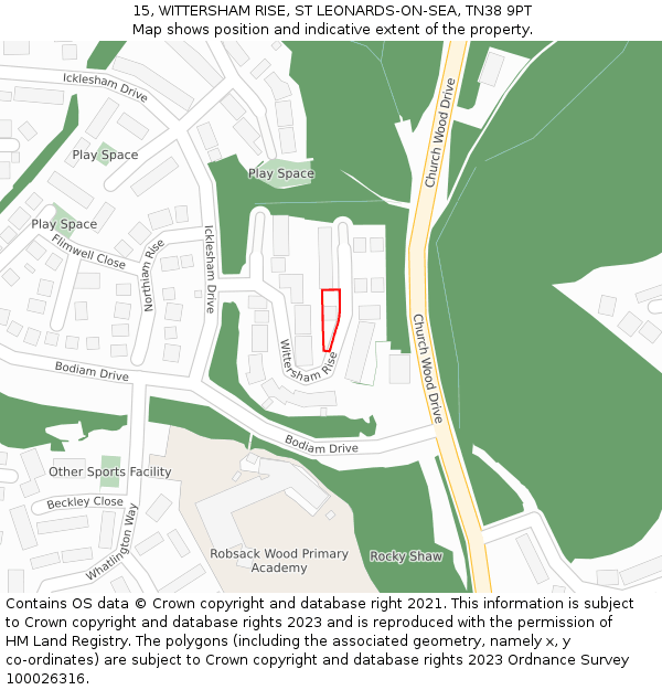 15, WITTERSHAM RISE, ST LEONARDS-ON-SEA, TN38 9PT: Location map and indicative extent of plot