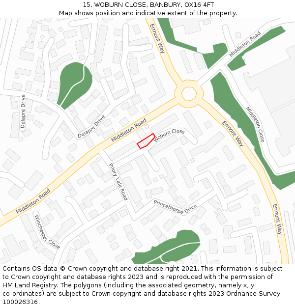 15, WOBURN CLOSE, BANBURY, OX16 4FT: Location map and indicative extent of plot