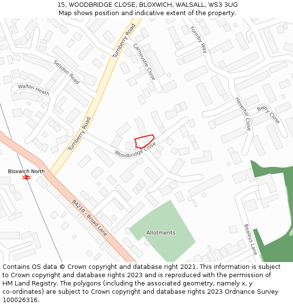 15, WOODBRIDGE CLOSE, BLOXWICH, WALSALL, WS3 3UG: Location map and indicative extent of plot