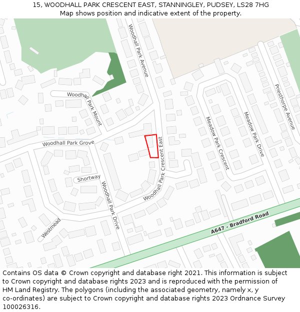 15, WOODHALL PARK CRESCENT EAST, STANNINGLEY, PUDSEY, LS28 7HG: Location map and indicative extent of plot