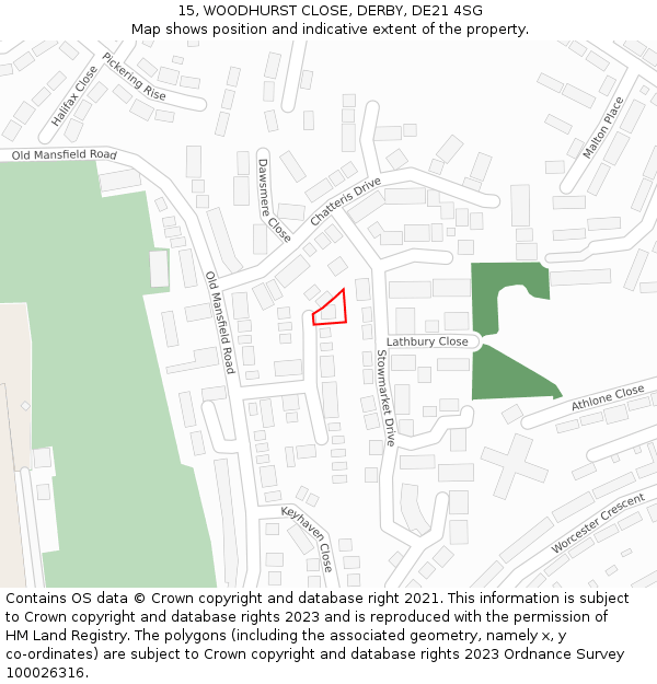 15, WOODHURST CLOSE, DERBY, DE21 4SG: Location map and indicative extent of plot
