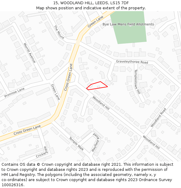 15, WOODLAND HILL, LEEDS, LS15 7DF: Location map and indicative extent of plot