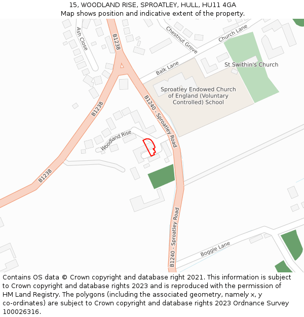 15, WOODLAND RISE, SPROATLEY, HULL, HU11 4GA: Location map and indicative extent of plot