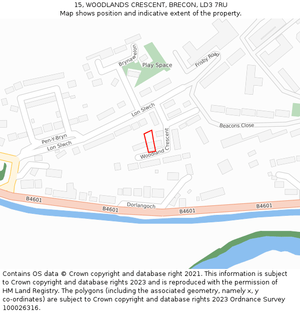 15, WOODLANDS CRESCENT, BRECON, LD3 7RU: Location map and indicative extent of plot