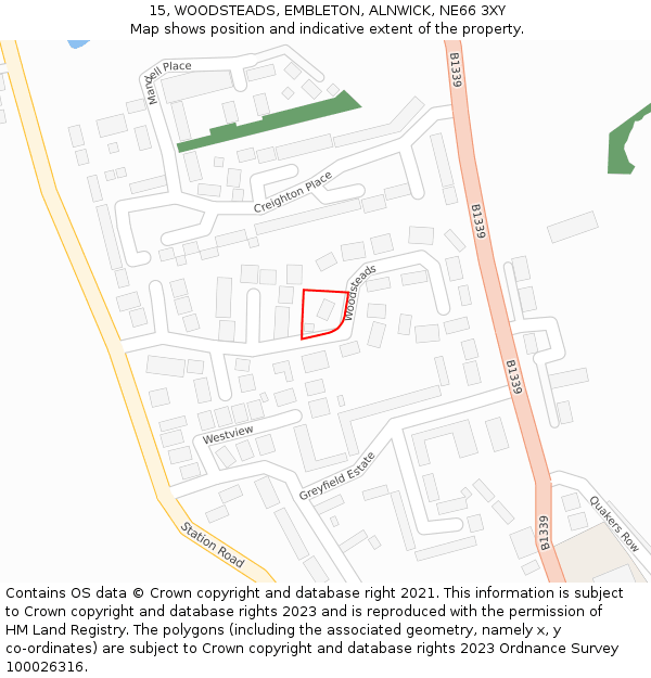 15, WOODSTEADS, EMBLETON, ALNWICK, NE66 3XY: Location map and indicative extent of plot
