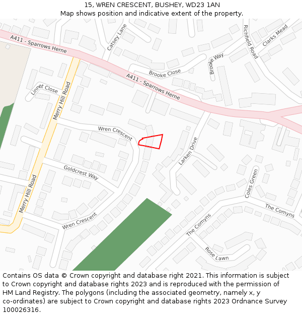 15, WREN CRESCENT, BUSHEY, WD23 1AN: Location map and indicative extent of plot