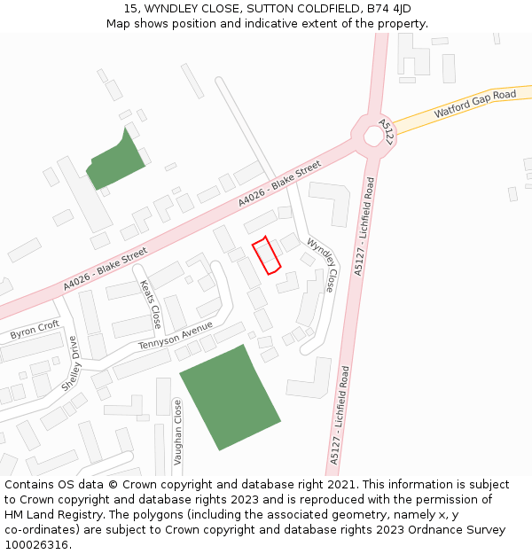 15, WYNDLEY CLOSE, SUTTON COLDFIELD, B74 4JD: Location map and indicative extent of plot
