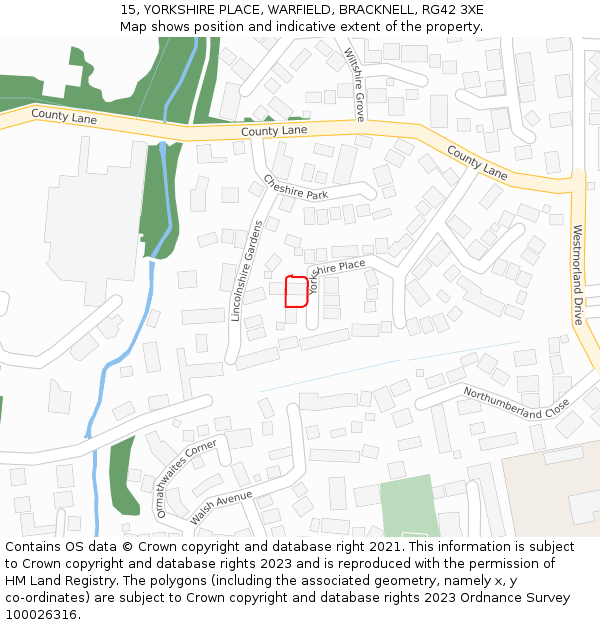 15, YORKSHIRE PLACE, WARFIELD, BRACKNELL, RG42 3XE: Location map and indicative extent of plot