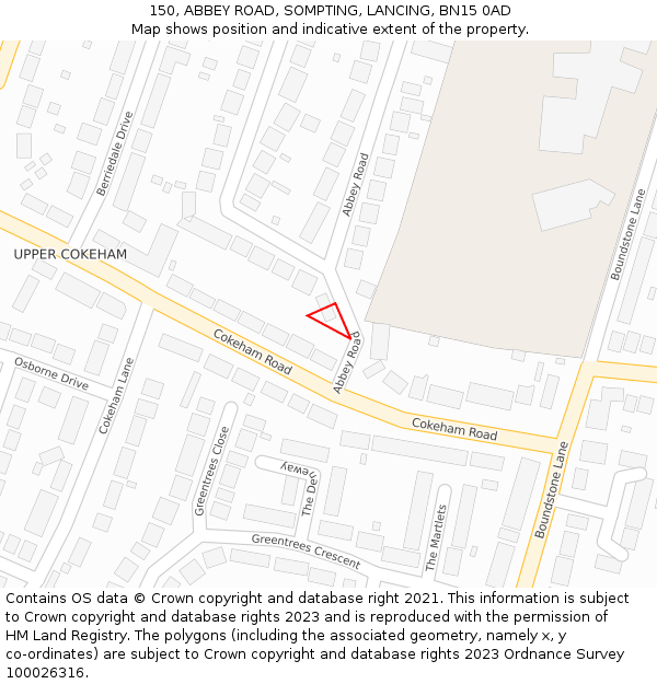 150, ABBEY ROAD, SOMPTING, LANCING, BN15 0AD: Location map and indicative extent of plot