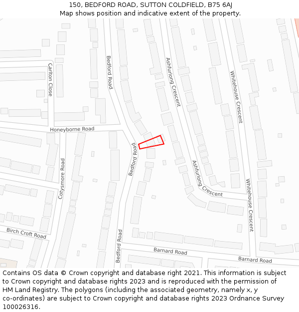 150, BEDFORD ROAD, SUTTON COLDFIELD, B75 6AJ: Location map and indicative extent of plot