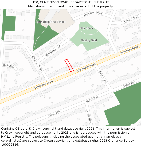150, CLARENDON ROAD, BROADSTONE, BH18 9HZ: Location map and indicative extent of plot