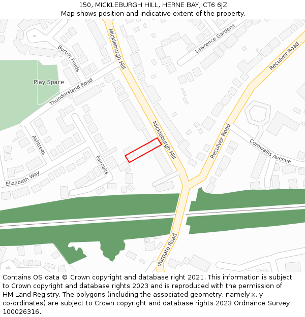 150, MICKLEBURGH HILL, HERNE BAY, CT6 6JZ: Location map and indicative extent of plot