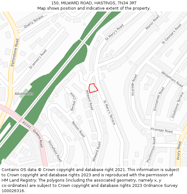 150, MILWARD ROAD, HASTINGS, TN34 3RT: Location map and indicative extent of plot