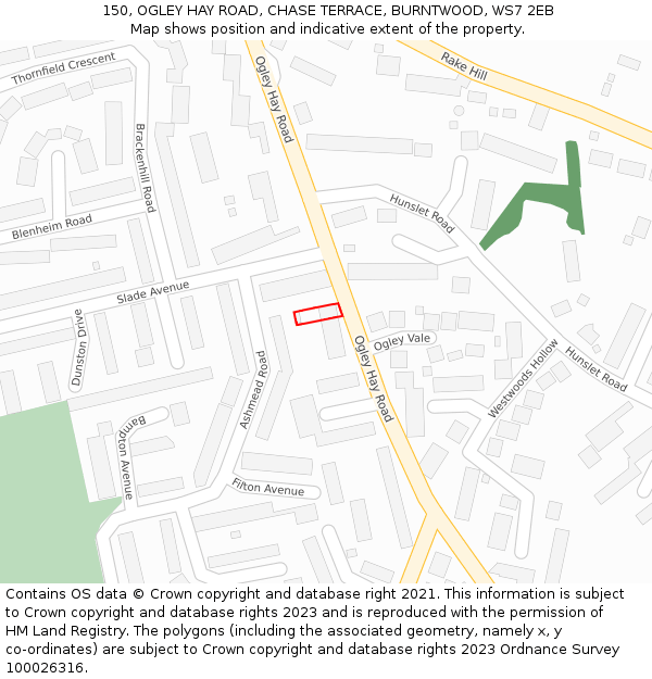 150, OGLEY HAY ROAD, CHASE TERRACE, BURNTWOOD, WS7 2EB: Location map and indicative extent of plot