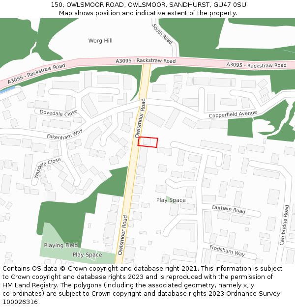 150, OWLSMOOR ROAD, OWLSMOOR, SANDHURST, GU47 0SU: Location map and indicative extent of plot