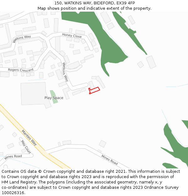 150, WATKINS WAY, BIDEFORD, EX39 4FP: Location map and indicative extent of plot
