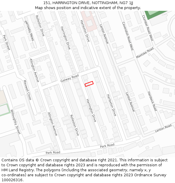 151, HARRINGTON DRIVE, NOTTINGHAM, NG7 1JJ: Location map and indicative extent of plot
