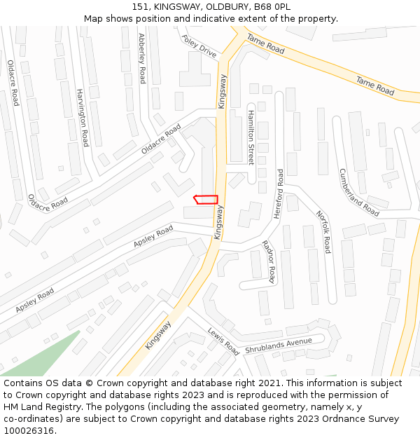151, KINGSWAY, OLDBURY, B68 0PL: Location map and indicative extent of plot