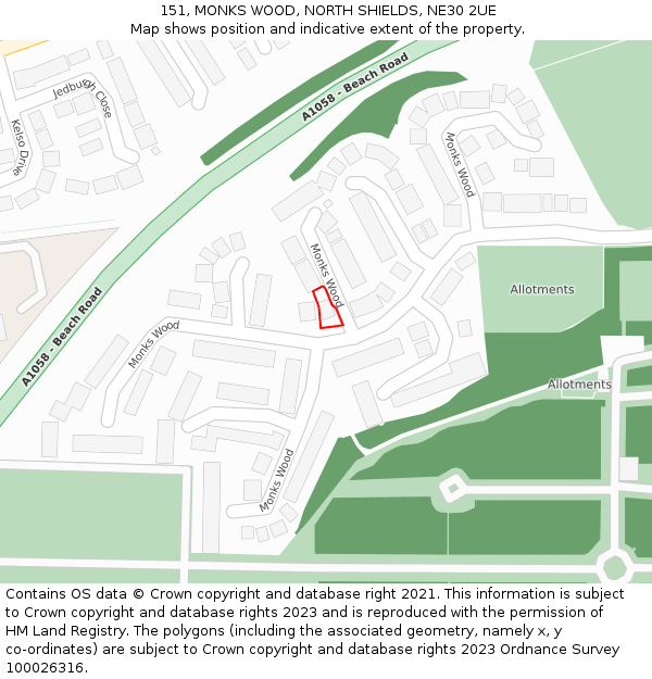 151, MONKS WOOD, NORTH SHIELDS, NE30 2UE: Location map and indicative extent of plot