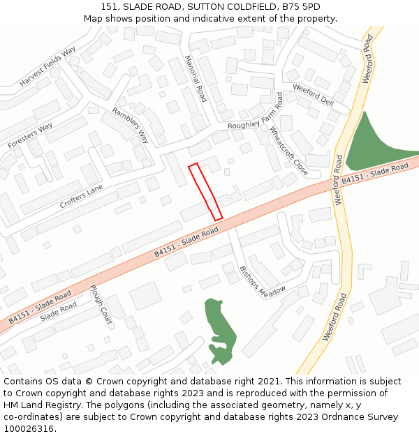 151, SLADE ROAD, SUTTON COLDFIELD, B75 5PD: Location map and indicative extent of plot