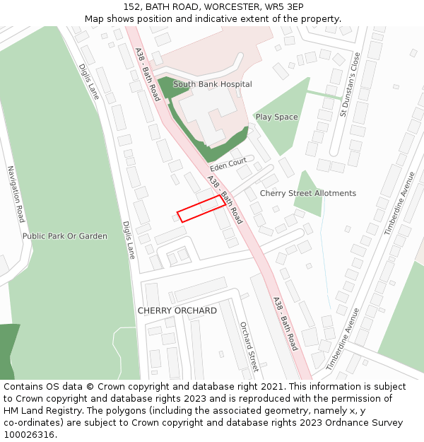 152, BATH ROAD, WORCESTER, WR5 3EP: Location map and indicative extent of plot