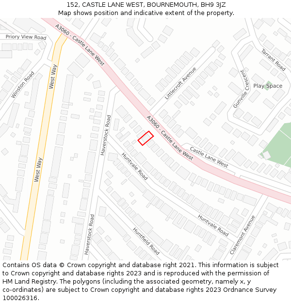152, CASTLE LANE WEST, BOURNEMOUTH, BH9 3JZ: Location map and indicative extent of plot