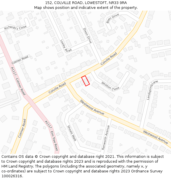 152, COLVILLE ROAD, LOWESTOFT, NR33 9RA: Location map and indicative extent of plot