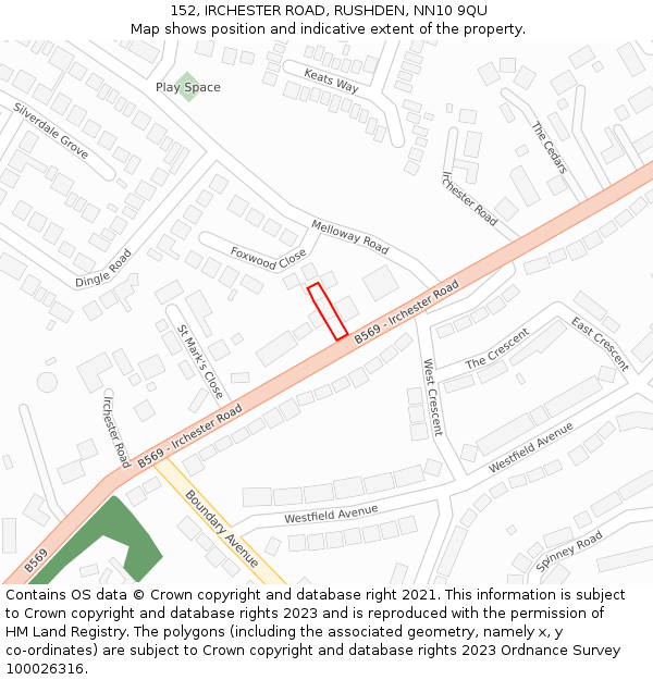 152, IRCHESTER ROAD, RUSHDEN, NN10 9QU: Location map and indicative extent of plot