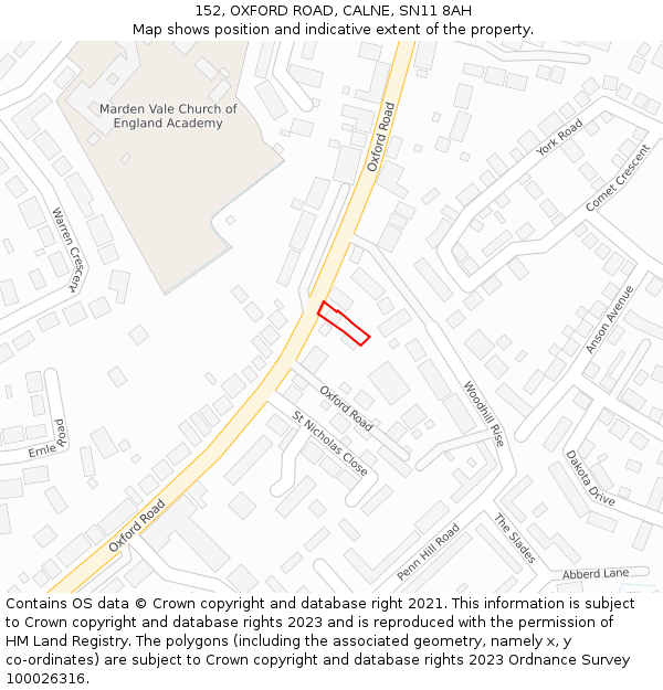 152, OXFORD ROAD, CALNE, SN11 8AH: Location map and indicative extent of plot
