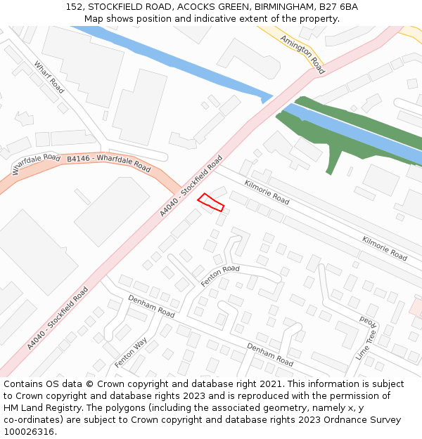 152, STOCKFIELD ROAD, ACOCKS GREEN, BIRMINGHAM, B27 6BA: Location map and indicative extent of plot