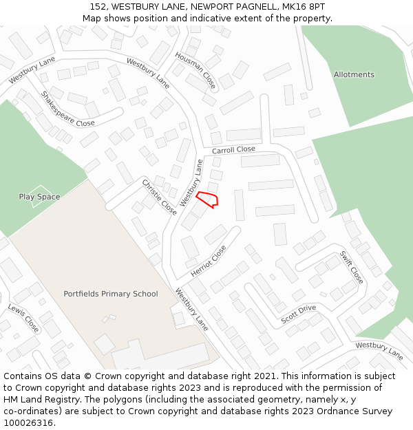 152, WESTBURY LANE, NEWPORT PAGNELL, MK16 8PT: Location map and indicative extent of plot