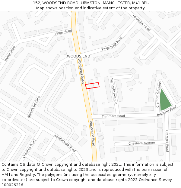 152, WOODSEND ROAD, URMSTON, MANCHESTER, M41 8PU: Location map and indicative extent of plot