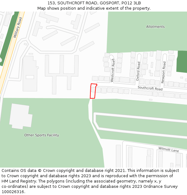 153, SOUTHCROFT ROAD, GOSPORT, PO12 3LB: Location map and indicative extent of plot