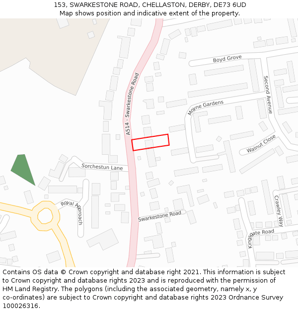 153, SWARKESTONE ROAD, CHELLASTON, DERBY, DE73 6UD: Location map and indicative extent of plot