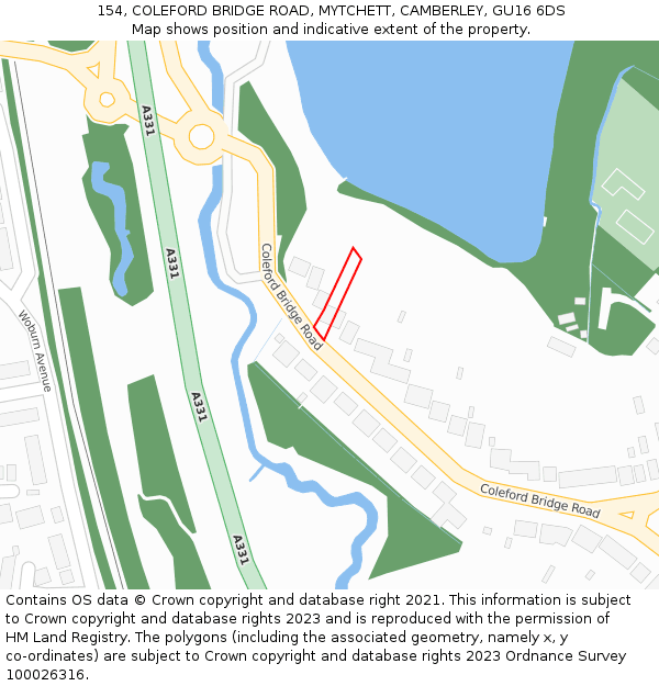 154, COLEFORD BRIDGE ROAD, MYTCHETT, CAMBERLEY, GU16 6DS: Location map and indicative extent of plot